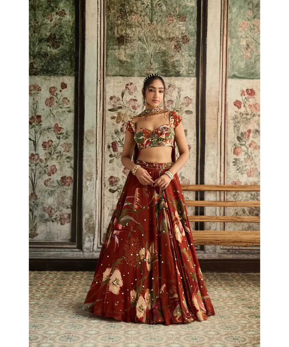 DIYARAJVVIR - Rust Floral Print and Highlighted Lehenga Set